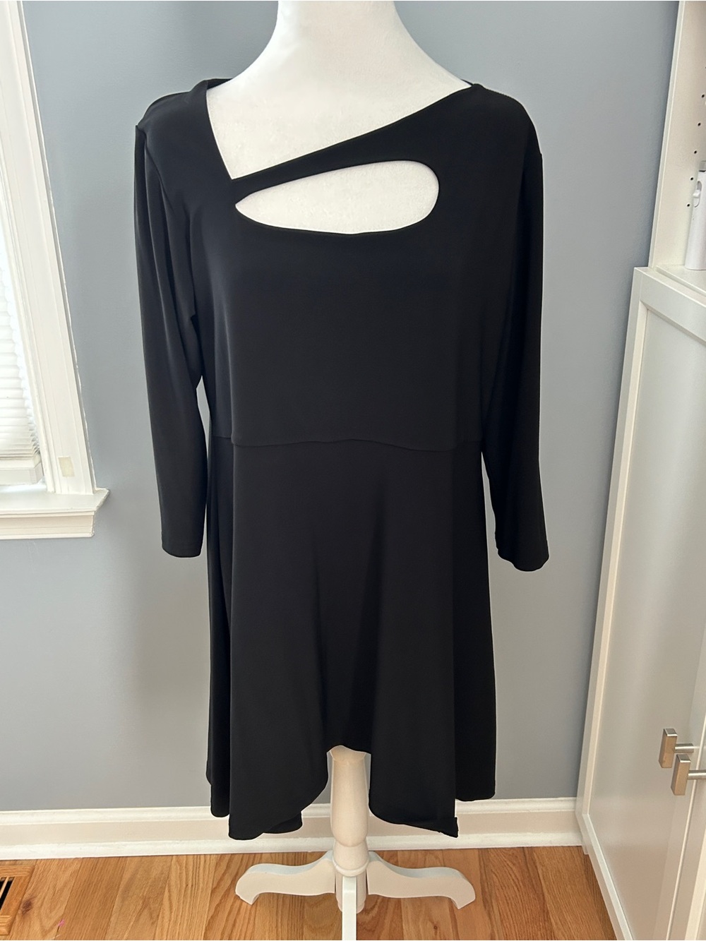 Sympli Dress Size 14 Black Cutout Asymmetric Swing 3/4 Sleeve Lagenlook Travel